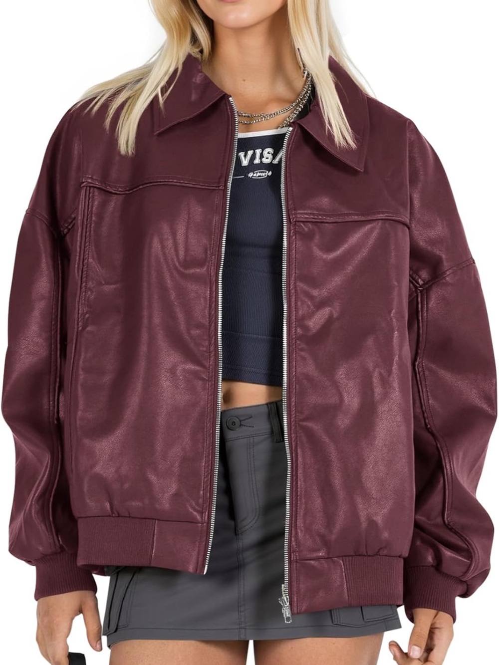 Amazon Women's Dark Burgundy Faux Leather Zip Jacket
